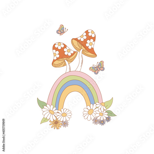 Flower Butterfly Rainbow Mushrooms arrangement Retro 70s 60s Groovy Hippie Flower Power vibes vector illustration isolated on white. Boho Summer retro colours floral print. photo