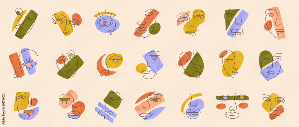 Big Set of Various Faces abstract shapes in retro style. Ink painting style. Contemporary Hand drawn Vector stock illustrations. Continuous line, minimalistic elegant concept. Different woman faces. Big Set of Various Faces abstract shapes in retro style. Ink painting style. Contemporary Hand drawn Vector stock illustrations. Continuous line, minimalistic elegant concept. Different woman faces.