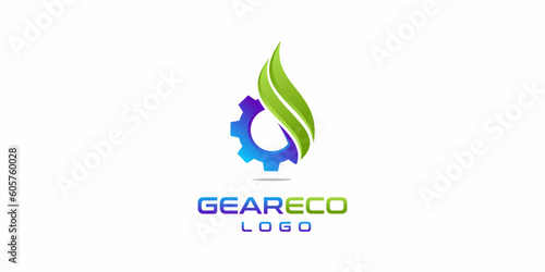 Gear Eco Logo Design Template, with Water or Oil Drop Concept Gear and Leaf. Icon Symbol Vector EPS 10
