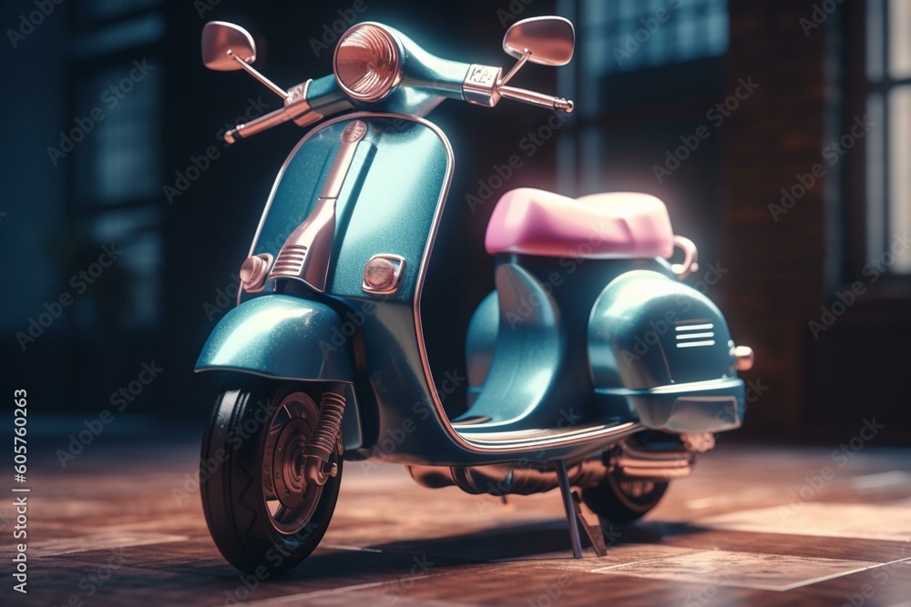 3D-rendered motor scooter featuring a piggy bank atop the rear carrier. Generative AI