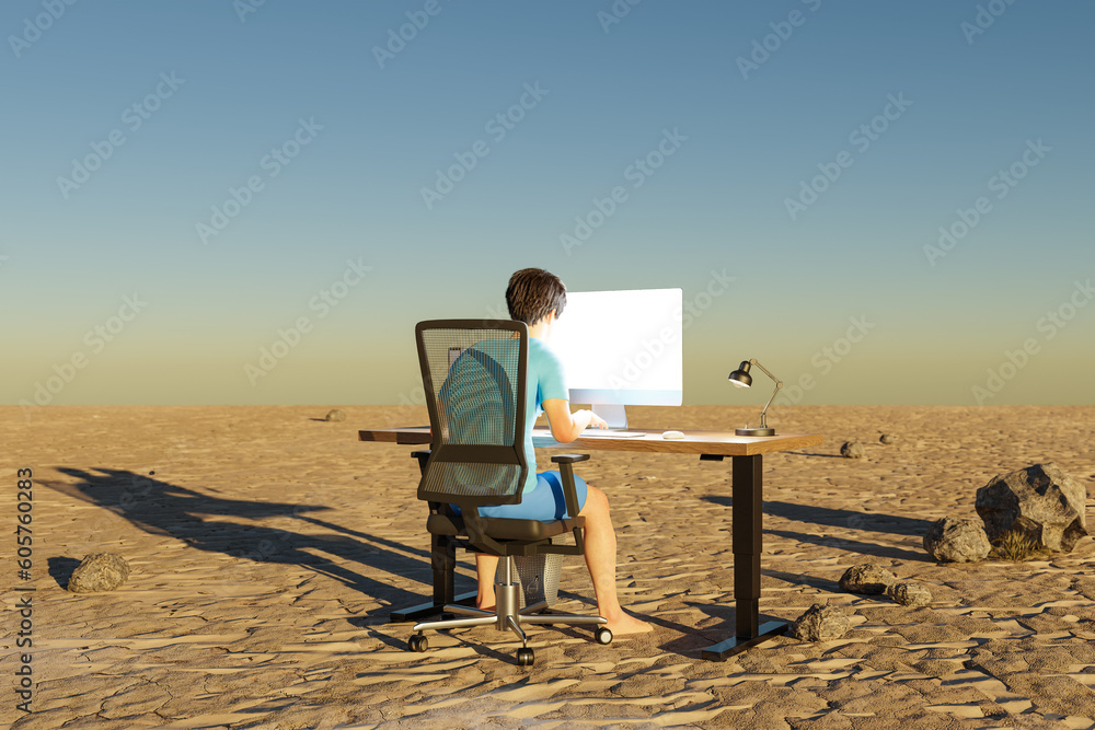 man sitting at pc office workplace in desert environment; workload stress burnout concept; 3D Illustration