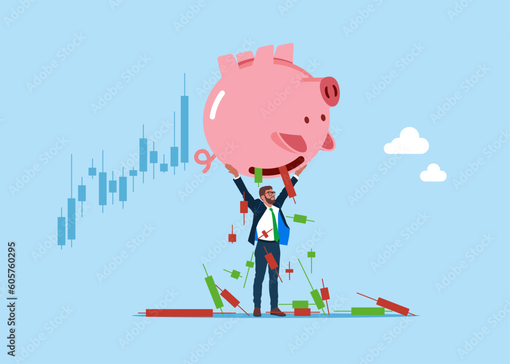 Stock market crash. Upset Businessman Shaking Empty Piggy Bank. Bankruptcy, Investment Decrease, Budget Deficit. Flat vector illustration. Stock market crash. Upset Businessman Shaking Empty Piggy Bank. Bankruptcy, Investment Decrease, Budget Deficit. Flat vector illustration.