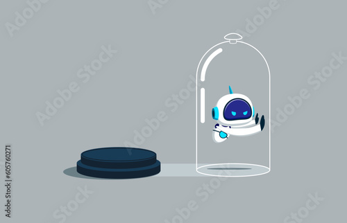 Cyborg with artificial intelligence inside the glass try to push so hard to break boundary. Difficulty prevent from improvement or success. Flat vector illustration
