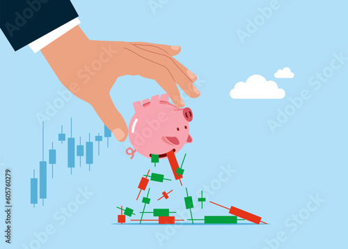 Stock market crash. Upset Businessman Shaking Empty Piggy Bank. Bankruptcy, Investment Decrease, Budget Deficit. Flat vector illustration.