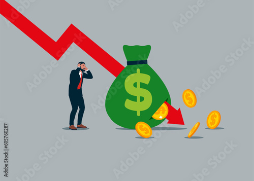 Arrow graphs fall down and attack the money bag. Global economic money problem, Bankruptcy unpaid loan debt, investment failure. Financial crisis. Flat vector illustration.

