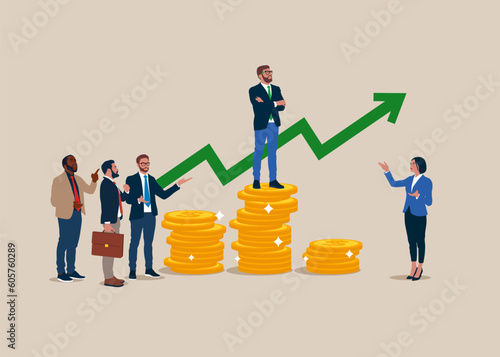 Analyze data, profit and Company growth. Success in business and career. Businessman standing on first podium coin piles. Flat vector illustration.