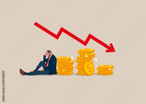 Upset Businessman standing near coin piles . Crash in business and career. Analyze data, crash and Company Bankruptcy. Flat vector illustration.