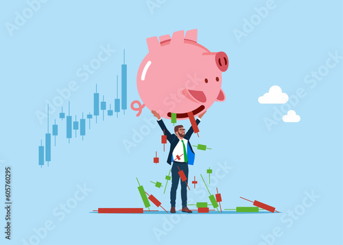Stock market crash. Upset Businessman Shaking Empty Piggy Bank. Bankruptcy, Investment Decrease, Budget Deficit. Flat vector illustration.