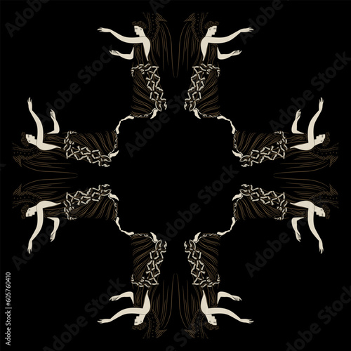 Square cross shape ethnic ornament or frame with standing winged antique women or angels. Ancient Greek goddess Nike. On black background.