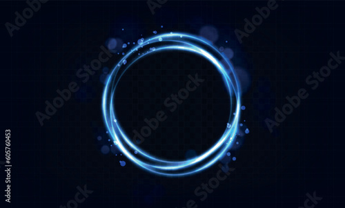 Glowing Halo Ring, Neon circle sign vector. Light and glow round frame isolated on black background. Blue neon glowing glare circle with rays. Shine round frame with light circles light effect.