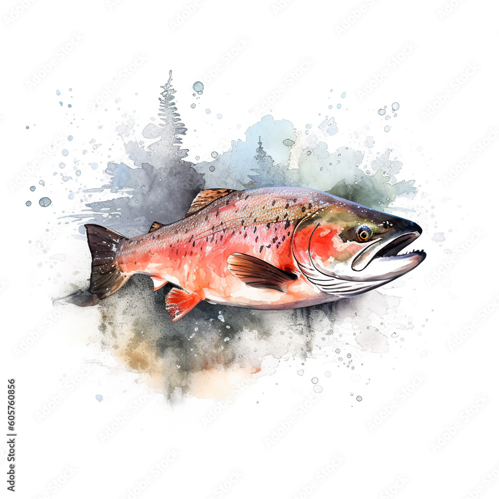 A watercolor painting of a salmon on a white background. Generative AI. A watercolor painting of a salmon on a white background. Generative AI.