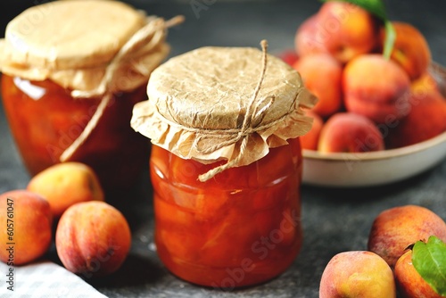Homemade organic peach jam in a jar.