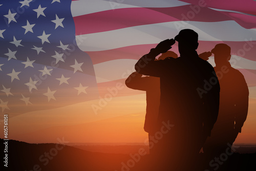 Silhouettes of soldiers saluting on a background of USA flag. Greeting card for Veterans Day, Memorial Day.