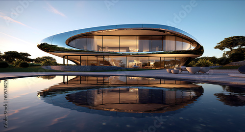 A modern house with a pool in front of it. Generative AI. © tilialucida