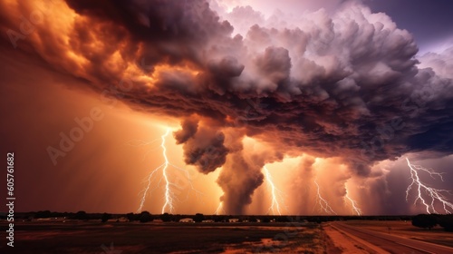 A stormy sky with multiple lightning strikes represents a severe storm. Generative AI