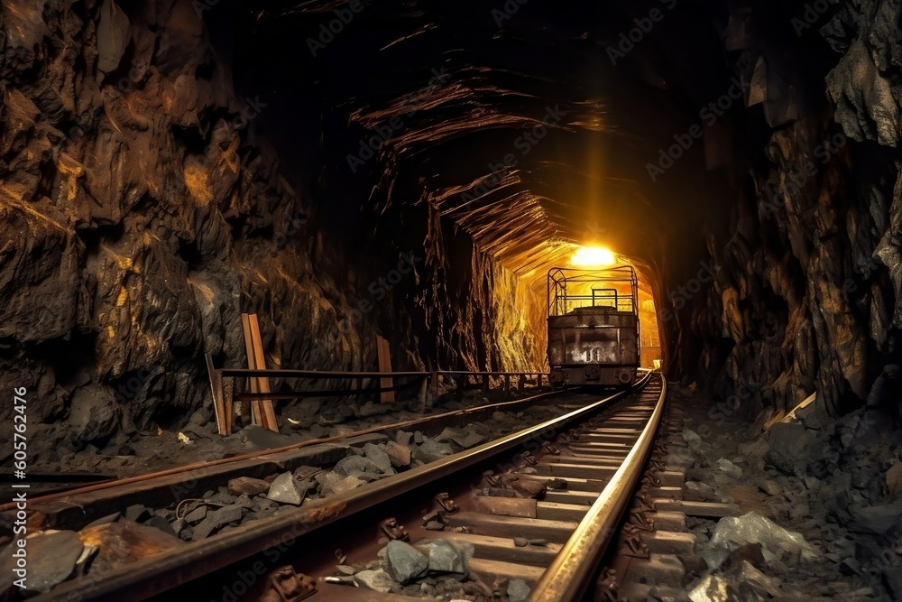 Underground Coal Mine with Rails: Mining Industry. AI