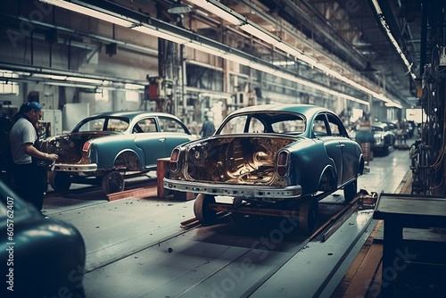 Automotive Industry Workers Assembling New Cars in Workshop. AI