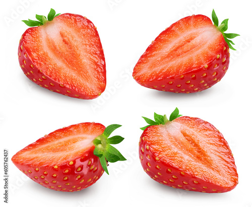 Strawberries isolated set. Collection of sliced strawberries in different angles.