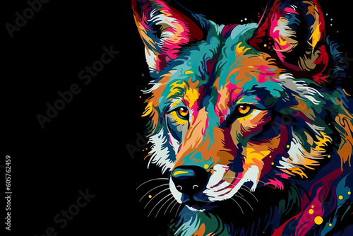 A painting of a colorful wolf on a black background. Generative AI.