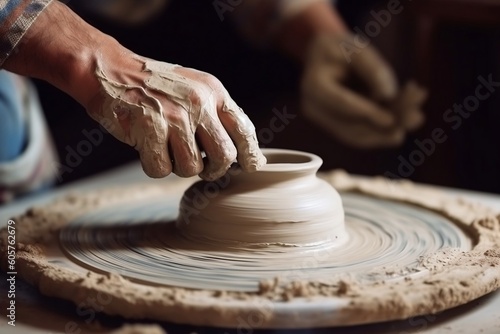 Pottery Master's Hands Crafting Clay Products. AI