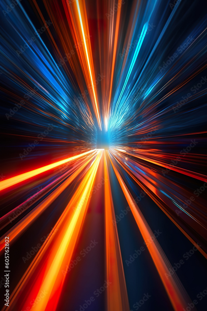 Obraz premium Abstract futuristic background high speed straight orange and blue lines and bokeh glowing neon moving. High speed futuristic travel concept. Fantastic wallpaper, Ai Generative
