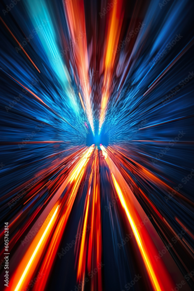 Obraz premium Abstract futuristic background high speed straight orange and blue lines and bokeh glowing neon moving. High speed futuristic travel concept. Fantastic wallpaper, Ai Generative