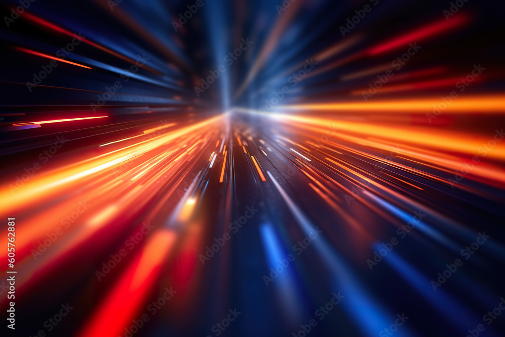 Obraz premium Abstract futuristic background high speed straight orange and blue lines and bokeh glowing neon moving. High speed futuristic travel concept. Fantastic wallpaper, Ai Generative