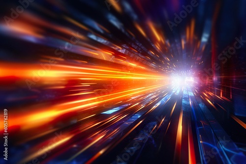Abstract futuristic background high speed vibrant orange and blue lines and bokeh glowing neon moving. High speed futuristic travel concept. Fantastic wallpaper, Ai Generative