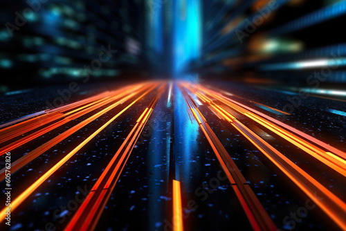 Abstract futuristic background high speed straight orange and blue lines and bokeh glowing neon moving. High speed futuristic travel concept. Fantastic wallpaper, Ai Generative
