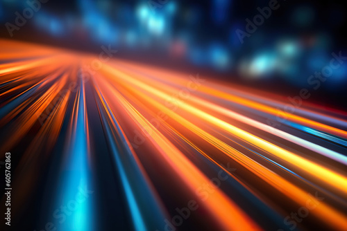 Abstract futuristic background high speed straight orange and blue lines and bokeh glowing neon moving. High speed futuristic travel concept. Fantastic wallpaper, Ai Generative