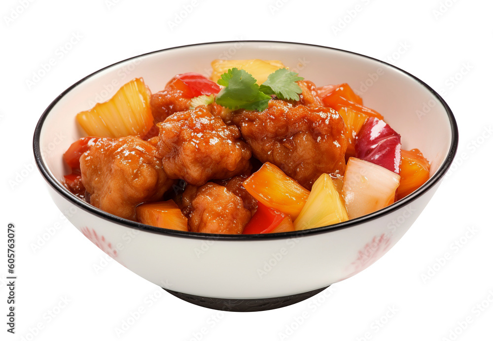 Sweet and sour pork on transparent background. Generative AI.