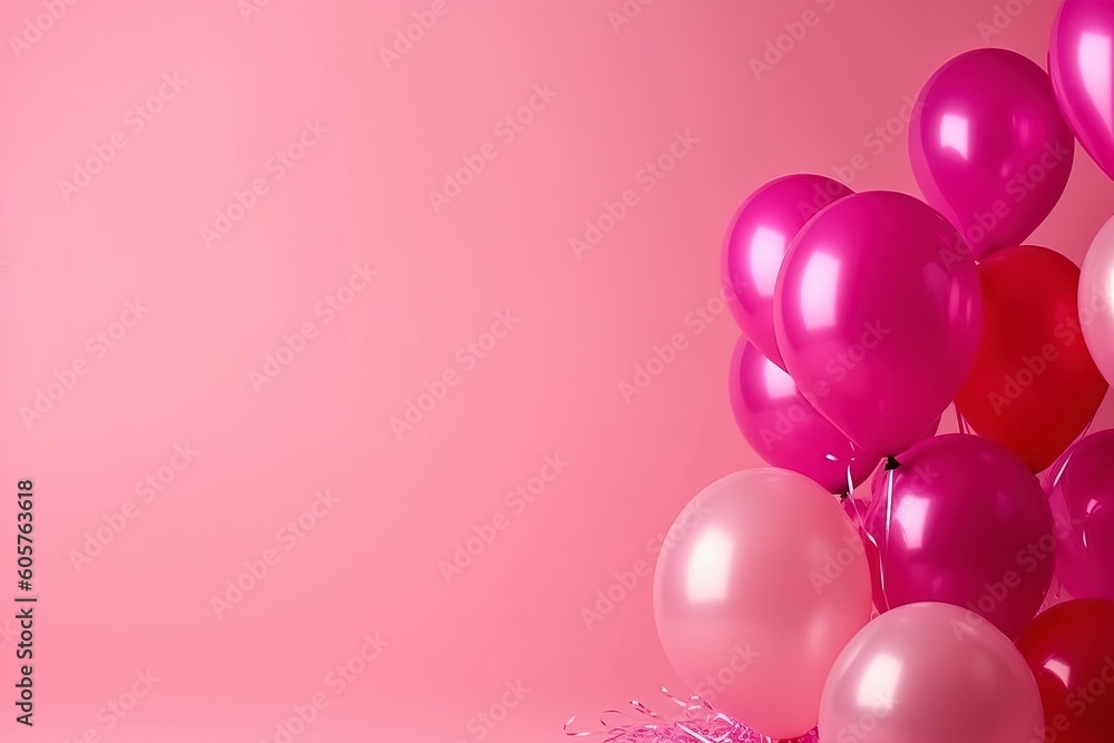 Balloons on pink background with free space for text. Birthday celebration, wedding or baby shower decor. Minimal creative idea for party and celebration, greeting card.