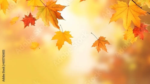 Autumn natural background with yellow and red maple leaves are flying and falling down.