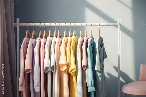 Colourful clothes on clothing rack, pastel colorful closet in shopping store or bedroom. Rainbow color clothes choice on hangers, home wardrobe concept. 