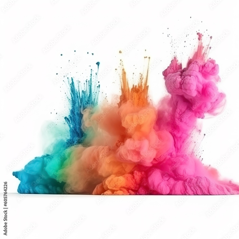 Explosion of colored powder on white background.