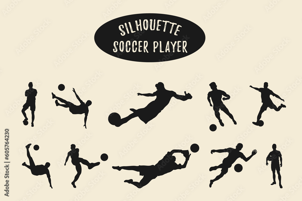 Soccer player silhouette, Soccer shoot silhouettes, Football player silhouette illustration