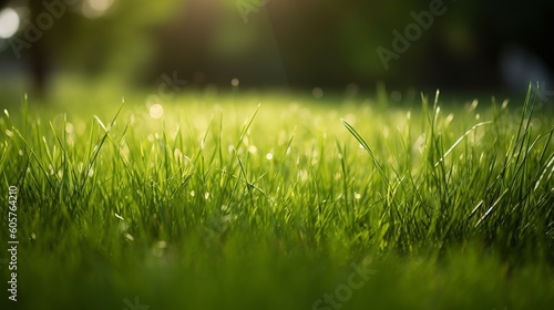 Fresh green garden grass lawn in spring, summer with bright bokeh of blurred foliage of springtime in the background.