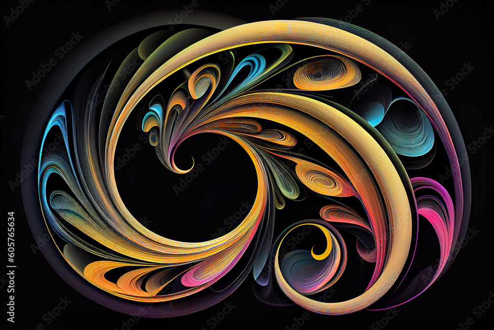 Colored abstract round curves and lines on black background. Generative Ai Colored abstract round curves and lines on black background. Generative Ai