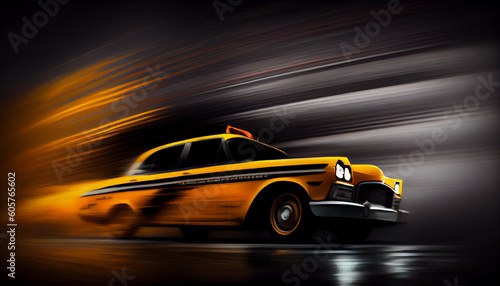 Super fast Taxi automobile concept design with fire. Luxury speed race Taxi automotive concept with flames. High speed modern Taxi with motion blur background Ai generated image