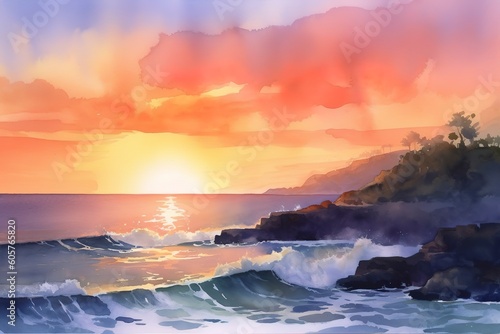 watercolor painting of a coastal scene  including rolling waves  sandy beaches  and a colorful sky at sunrise or sunset.