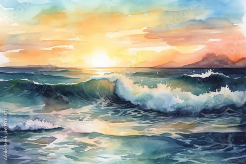watercolor painting of a coastal scene, including rolling waves, sandy beaches, and a colorful sky at sunrise or sunset.