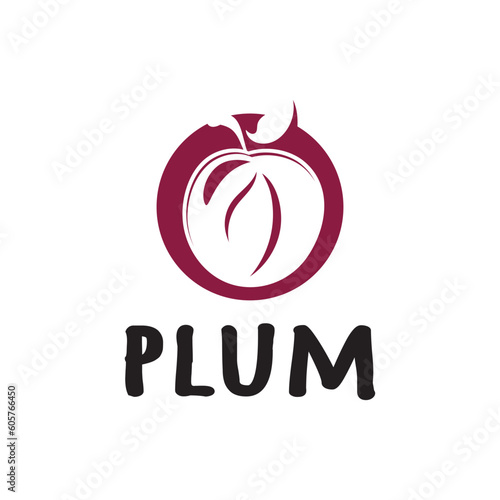 plum fruit logo with leaves, design of plum plantation, fruit shop, plum products, with simple vector editing