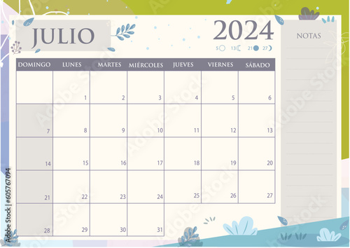 Calendario Planificador 2024 en Español - Mes de Julio