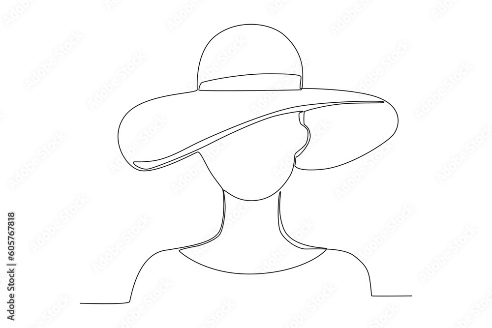 A woman wearing a beach hat. Summer one-line drawing A woman wearing a beach hat. Summer one-line drawing