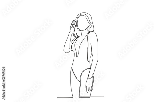 A woman wearing beach clothes. Summer one-line drawing