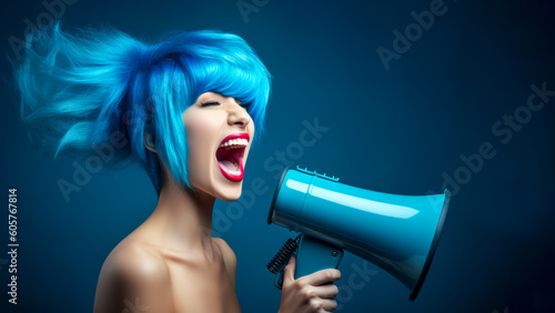 Happy beautiful young caucasian woman wielding megaphone. Isolated on blue studio background. Self promotion of small business, advertising, SMM, PR, Marketing themes. 16:9