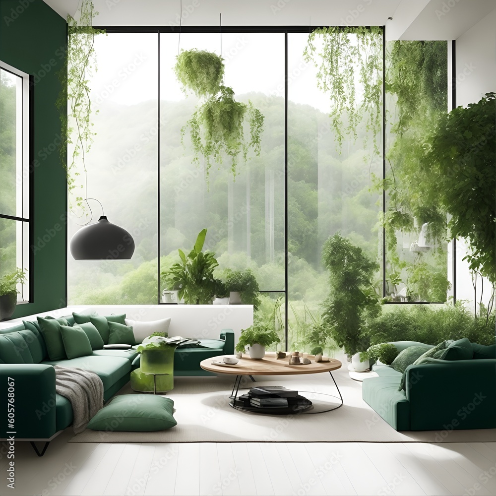 Fototapeta premium Modern living room with greenery created using Generative AI