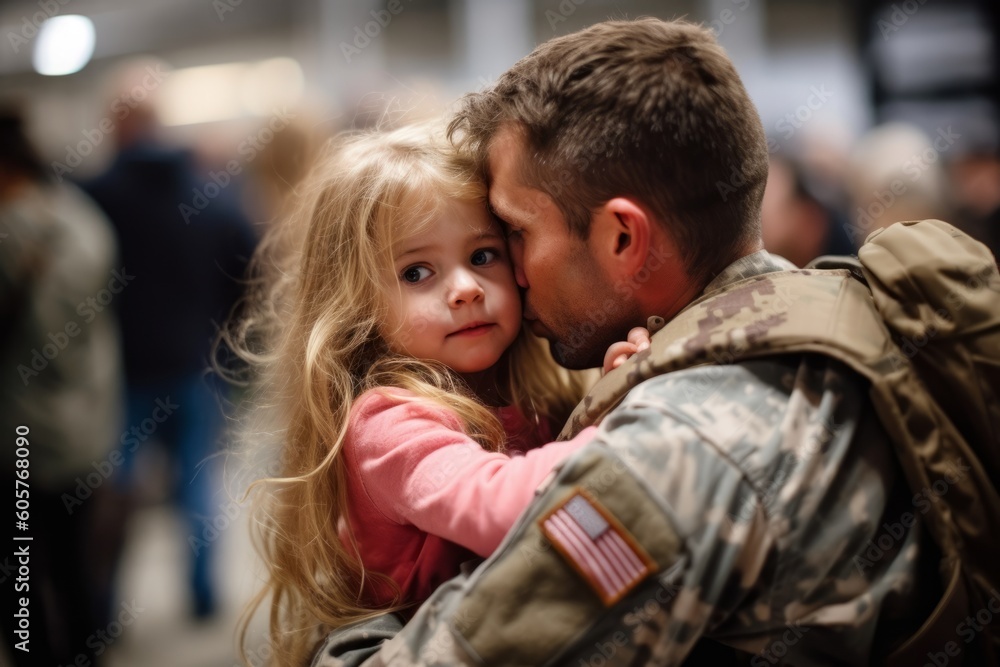 Affectionate military reunion between father and daughter. Generative Ai Affectionate military reunion between father and daughter. Generative Ai