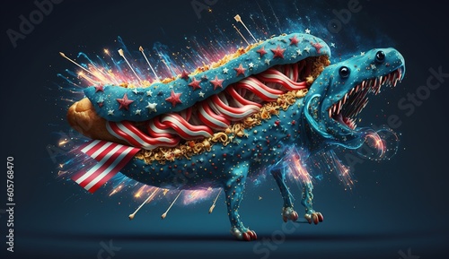 Concept art humor of a hot dog with dinosaur with the American flag, fireworks, splashes, bang and bright colors dedicated to the holiday of the USA Independence Day - July 4th.Generative AI