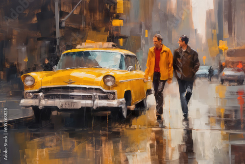 oil painting on canvas, street view of New York, mans, yellow taxi, modern Artwork, American city, illustration New York (ai generated)